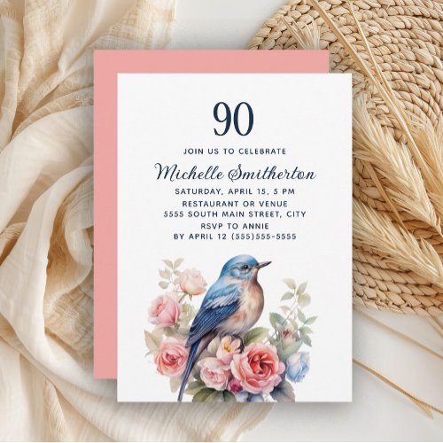 Blue Bird Pink Flowers 90th Birthday Invitation