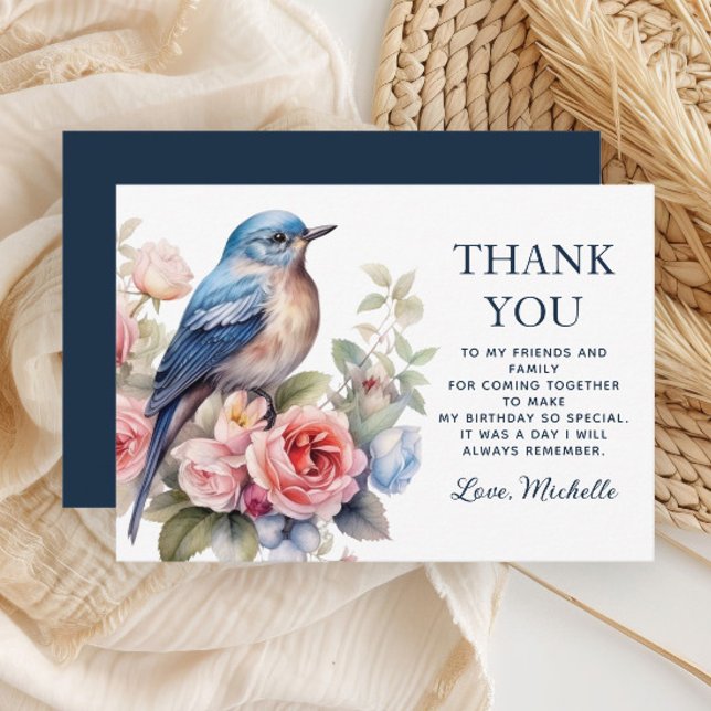 Blue Bird Pink Flowers Birthday Thank You Card (Blue bird and pink floral birthday party Thank You card)