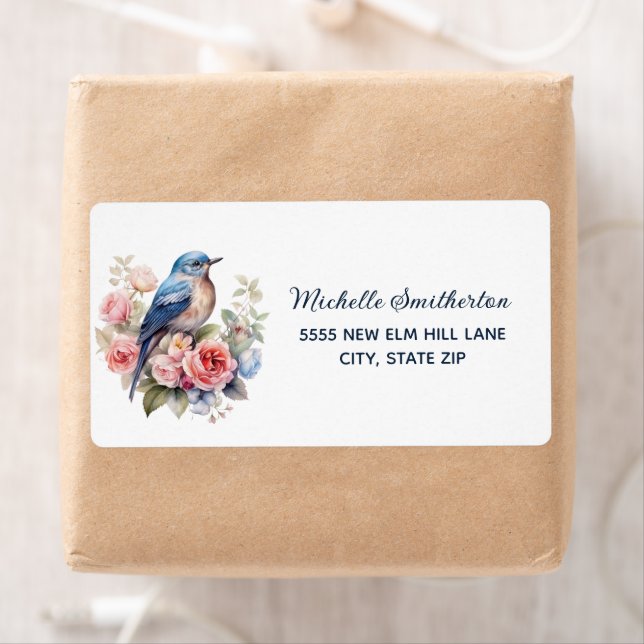 Blue Bird Pink Flowers Shipping Label (Insitu)