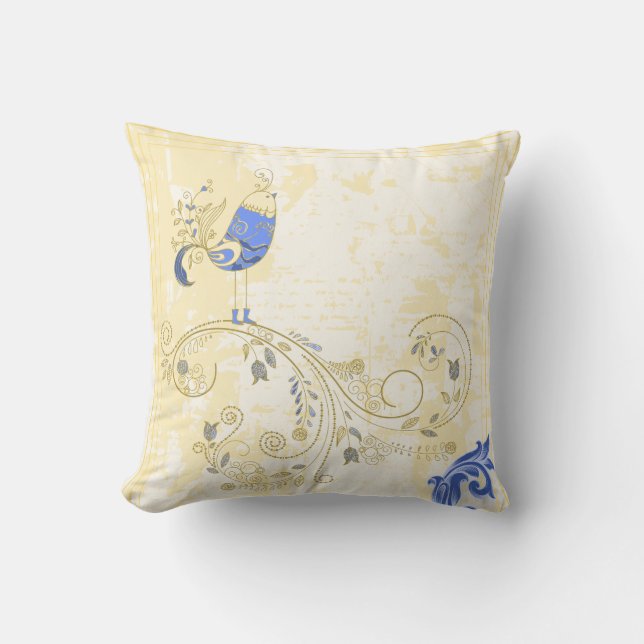Blue Bird Retro Floral Fine Art Throw Pillow (Front)