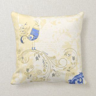 Blue Bird Retro Floral Fine Art Throw Pillow