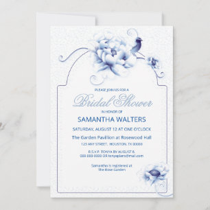 Blue Bird Rose Chinoiserie Floral Bridal Shower Invitation