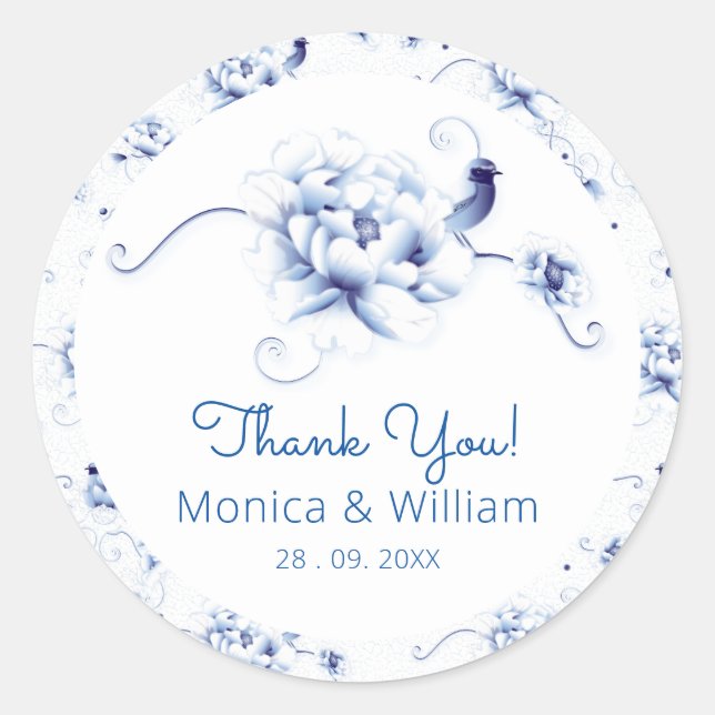 Blue Bird Rose Chinoiserie Floral Classic Round Sticker (Front)