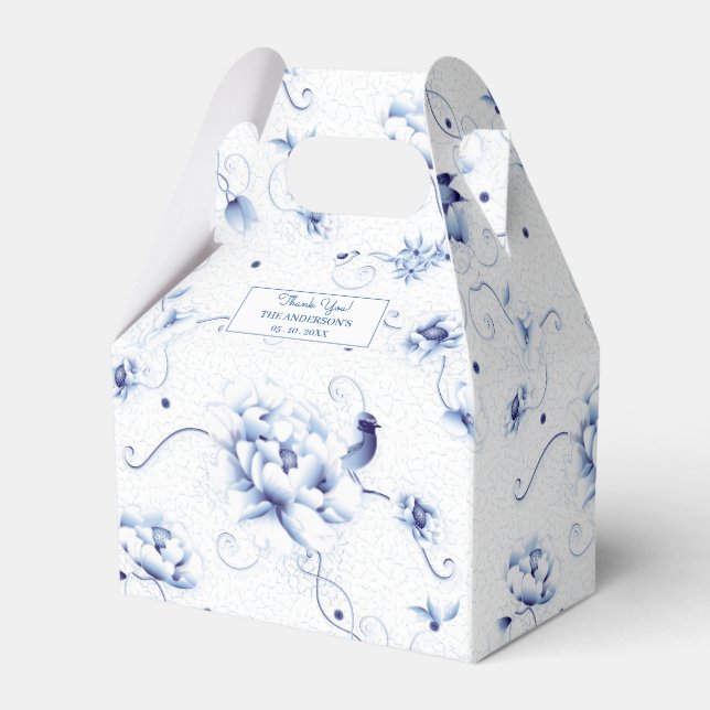 Blue Bird Rose Chinoiserie Floral Favor Boxes (Front Side)
