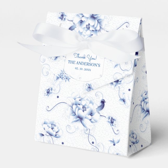 Blue Bird Rose Chinoiserie Floral Favor Boxes (Front Side)