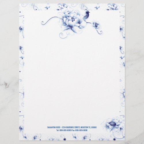 Blue Bird Rose Chinoiserie Floral Garden Wedding Letterhead