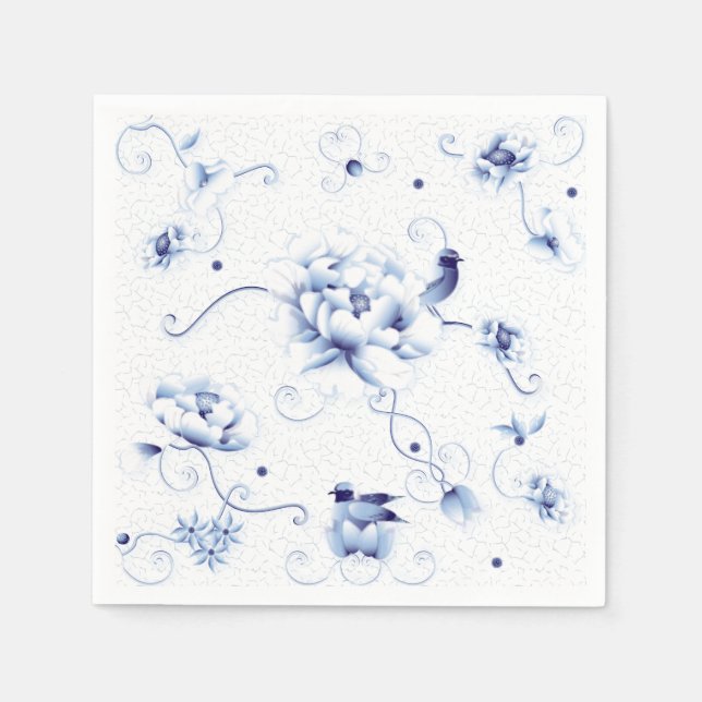 Blue Bird Rose Chinoiserie Floral Napkins (Front)