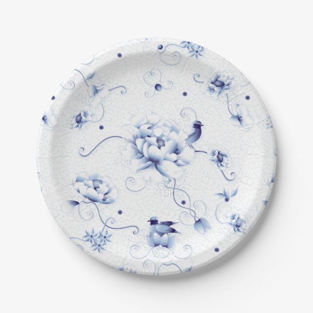 Blue Bird Rose Chinoiserie Floral Paper Plates (Front)