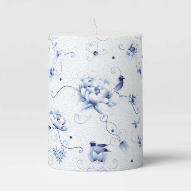 Blue Bird Rose Chinoiserie Floral Pillar Candle (Front)