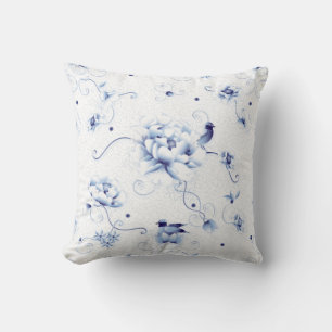 Blue Bird Rose Chinoiserie Floral Throw Pillow