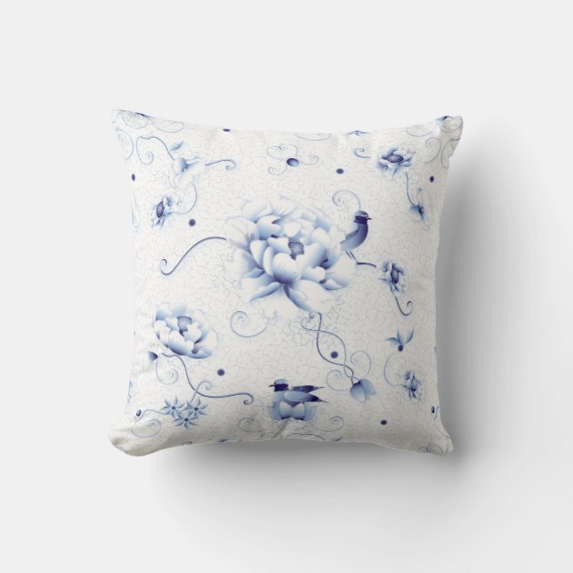 Blue Bird Rose Chinoiserie Floral Throw Pillow (Front)
