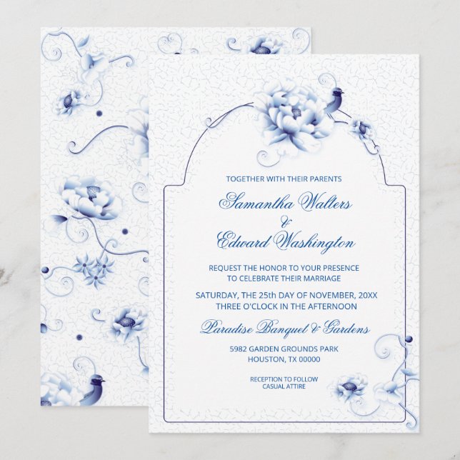 Blue Bird Rose Chinoiserie Floral | Wedding Invitation (Front/Back)
