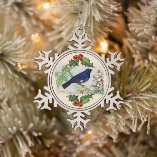 Blue Bird Snowflake Pewter Christmas Ornament