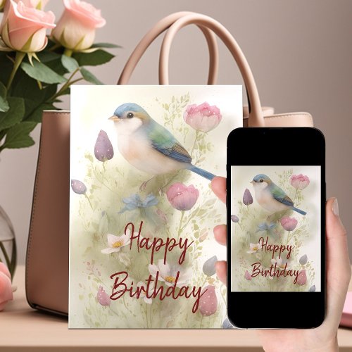 Blue Bird Spring Flowers Watercolor Birthday