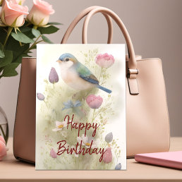 Blue Bird Spring Flowers Watercolor Birthday Card