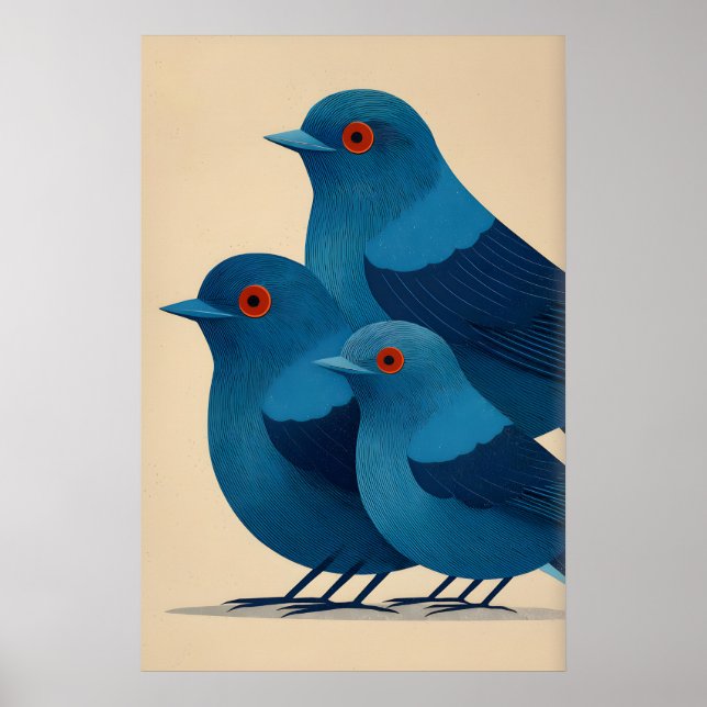 Blue Bird Wall Art Print - Minimalist Trio with (Front)