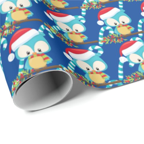 Blue bird wearing Santa hat Christmas holiday Wrapping Paper