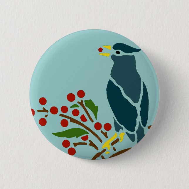 Blue Bird with Berries Pinback Button (Front)