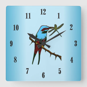 Blue Bird with Black Numbers Square Wall Clock