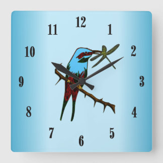Blue Bird with Black Numbers Square Wall Clock