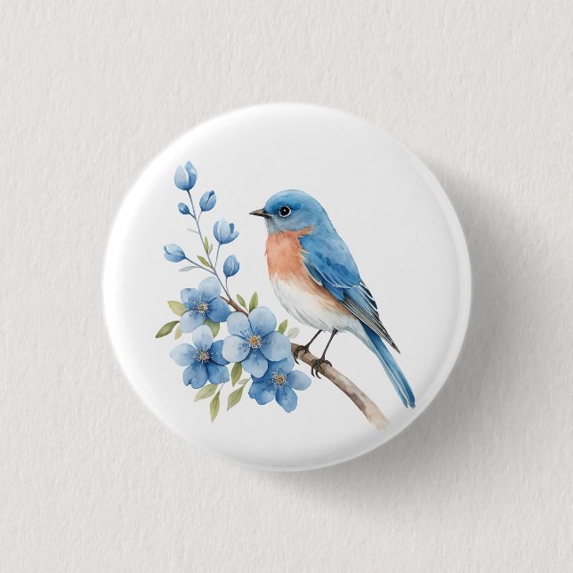 Blue bird with blue flowers button (Front)