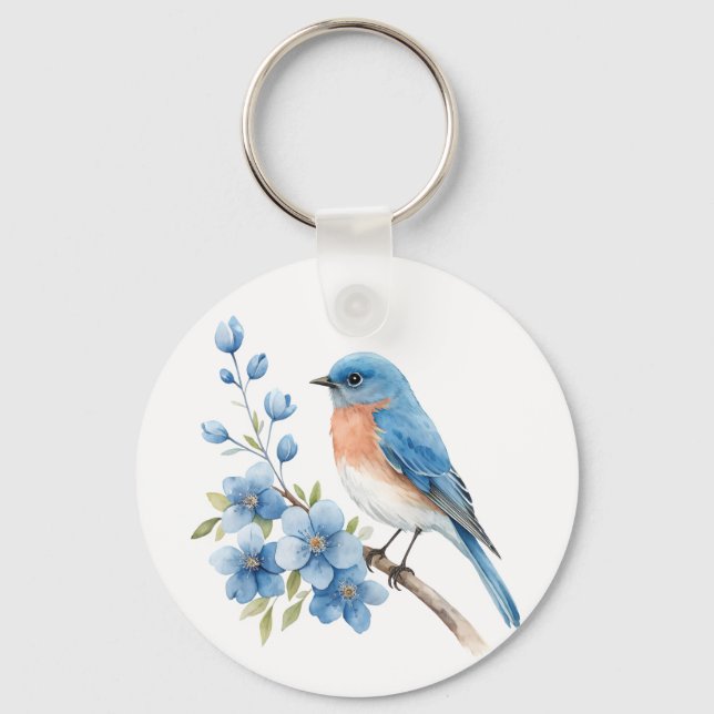 Blue bird with blue flowers keychain (Front)