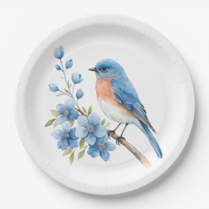 Blue bird with blue flowers paper plates