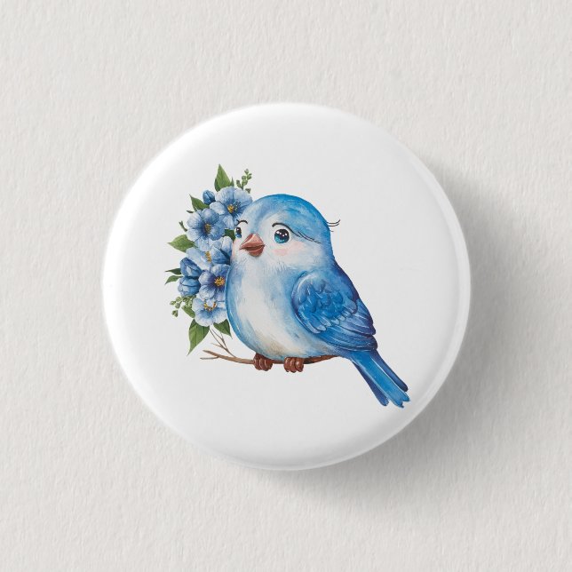 Blue Bird with Flowers Button (Front)