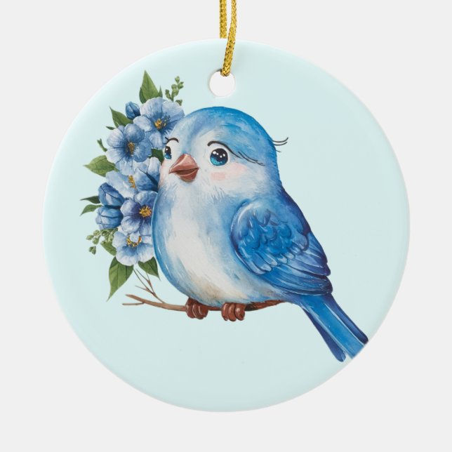 Blue Bird with Flowers Ceramic Ornament (Front)