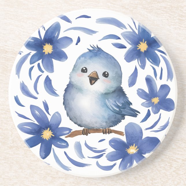 Blue Bird with flowers Coaster (Front)