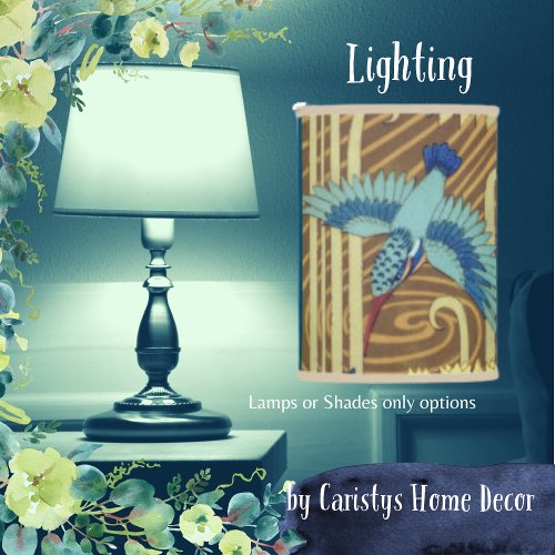 Blue Bird with Gold Taupe Blue Lamp Shade