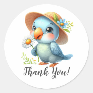 Blue Bird with Hat and Flower Thank You Classic Round Sticker