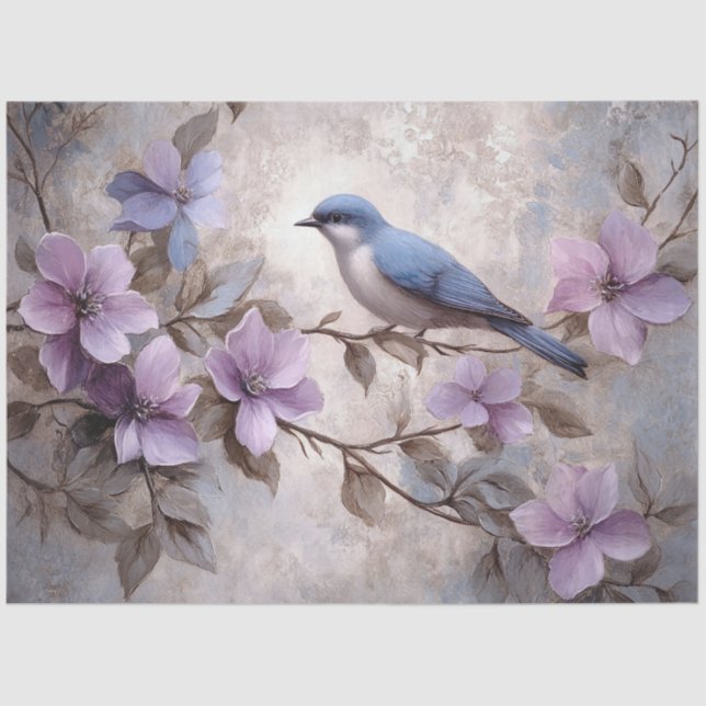 Blue Bird with Purple Flowers Decoupage Tissue Paper (Front)