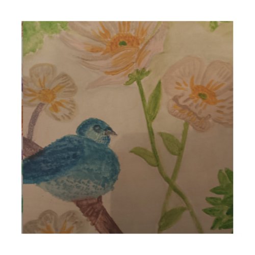 Blue bird with white flowers wood wall art