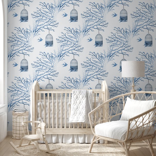 Blue Birdcage Bare Branches Wallpaper (Kids)