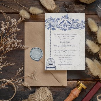 Blue Birdcage Oak Vintage Love Birds Wedding Invitation by samack at Zazzle