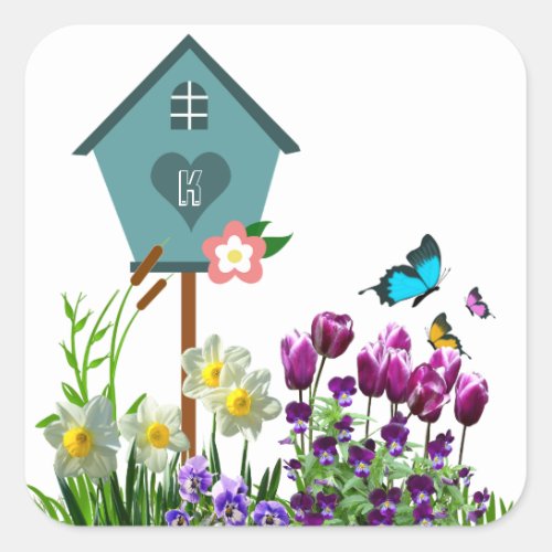 Blue Birdhouse in Butterfly Flower Garden Square Sticker