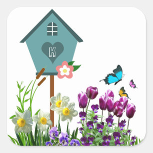 Blue Birdhouse in Butterfly Flower Garden Square Sticker