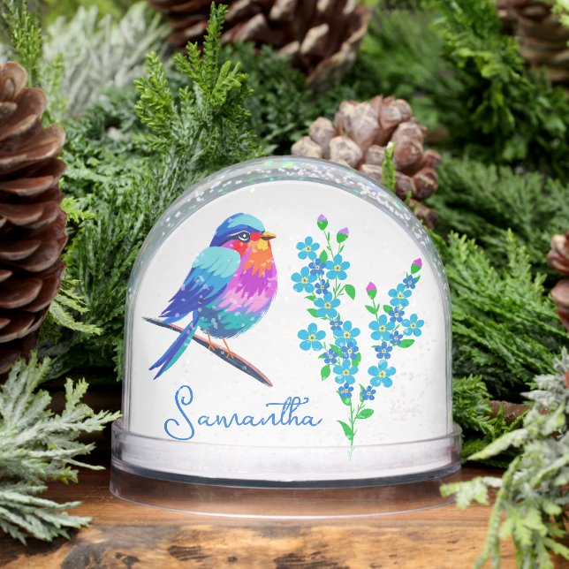 Blue Birdie Forget Me Not Flowers 80th Birthday Snow Globe (Winter)