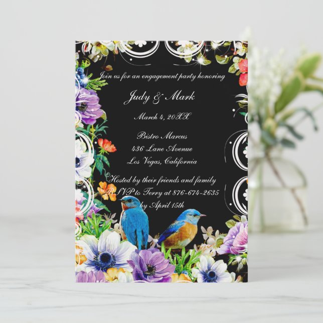 Blue Birds And Botanical Floral Engagement Party Invitation (Standing Front)