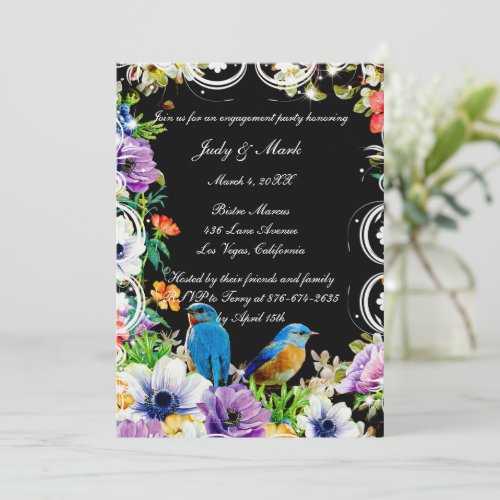 Blue Birds And Botanical Floral Engagement Party Invitation