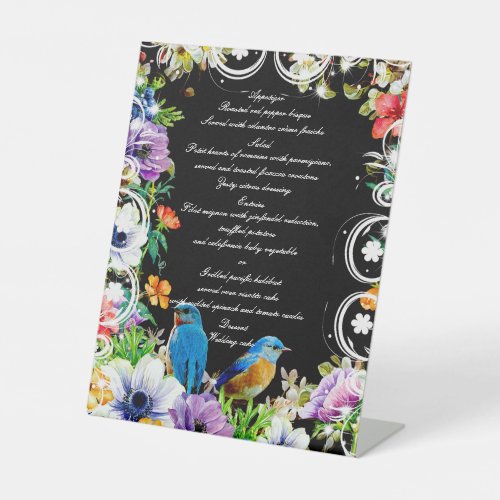 Blue Birds And Botanical Floral Wedding Menu Pedestal Sign