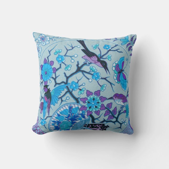 Blue Birds and Butterflies BlueThrow Pillow (Front)