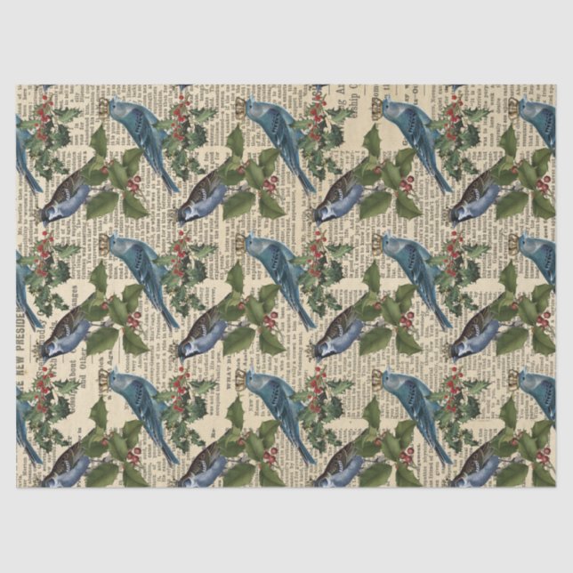 Blue Birds and Christmas Holly Berries Decoupage Tissue Paper (Front)