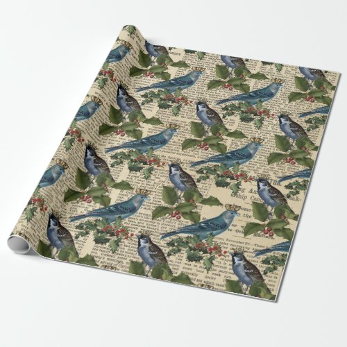 Blue Birds and Christmas Holly Berries Wrapping Paper