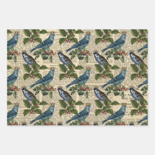 Blue Birds and Christmas Holly Berries Wrapping Paper Sheets