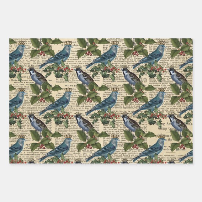 Blue Birds and Christmas Holly Berries Wrapping Paper Sheets (Front)