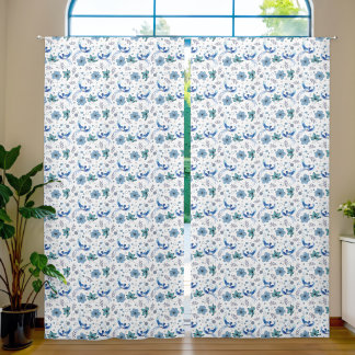 Blue Birds and Floral Harmony Seamless Pattern Blackout Curtains