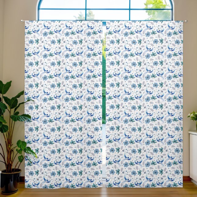 Blue Birds and Floral Harmony Seamless Pattern Blackout Curtains (Living Room)