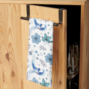 Blue Birds and Floral Harmony Seamless Pattern Kitchen Towel